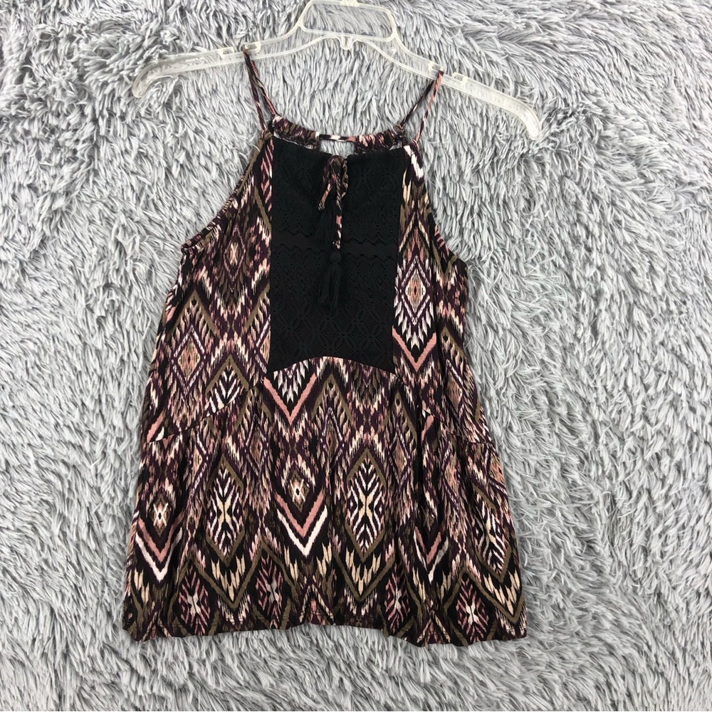 Maurices Blouse Womens Small Southwestern Tassle Lace Overlay Keyhole Back NWT